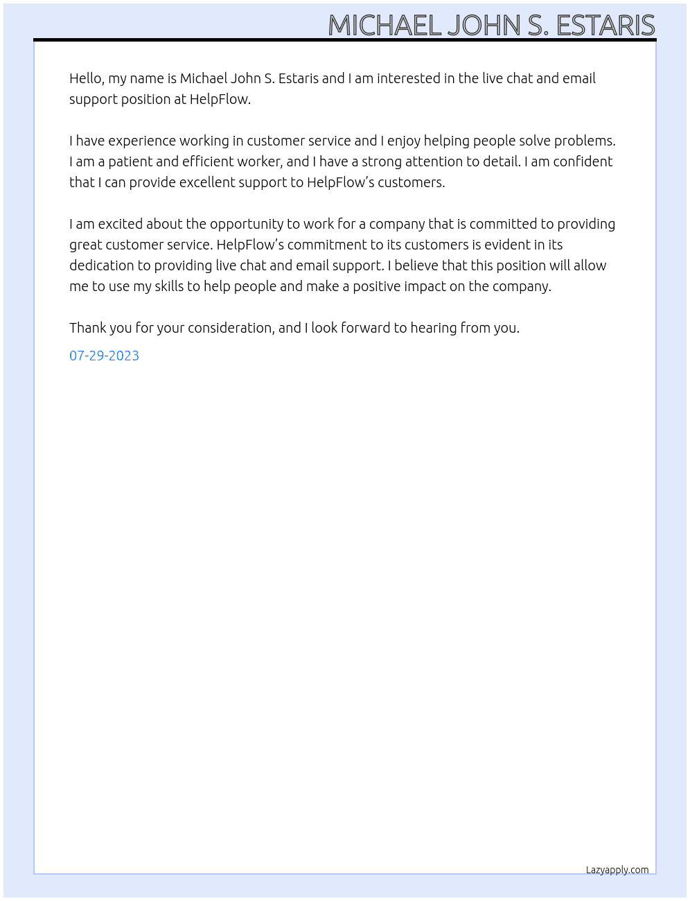 Live chat and email support At HelpFlow Cover Letter