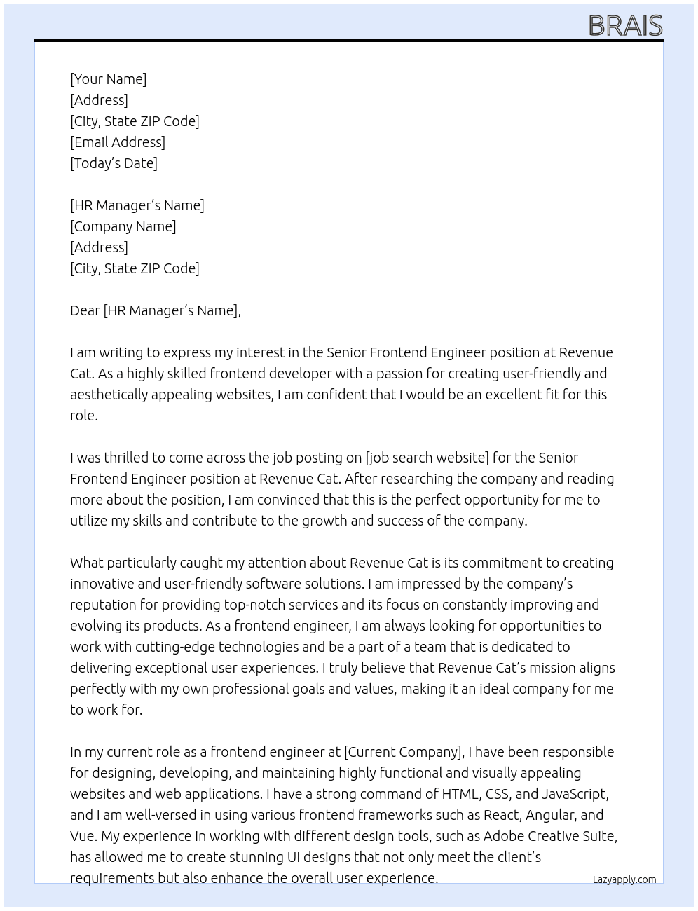 Cover letter for senior front-end engineer - LazyApply
