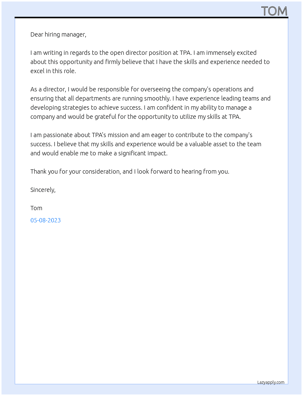 director At tpa Cover Letter