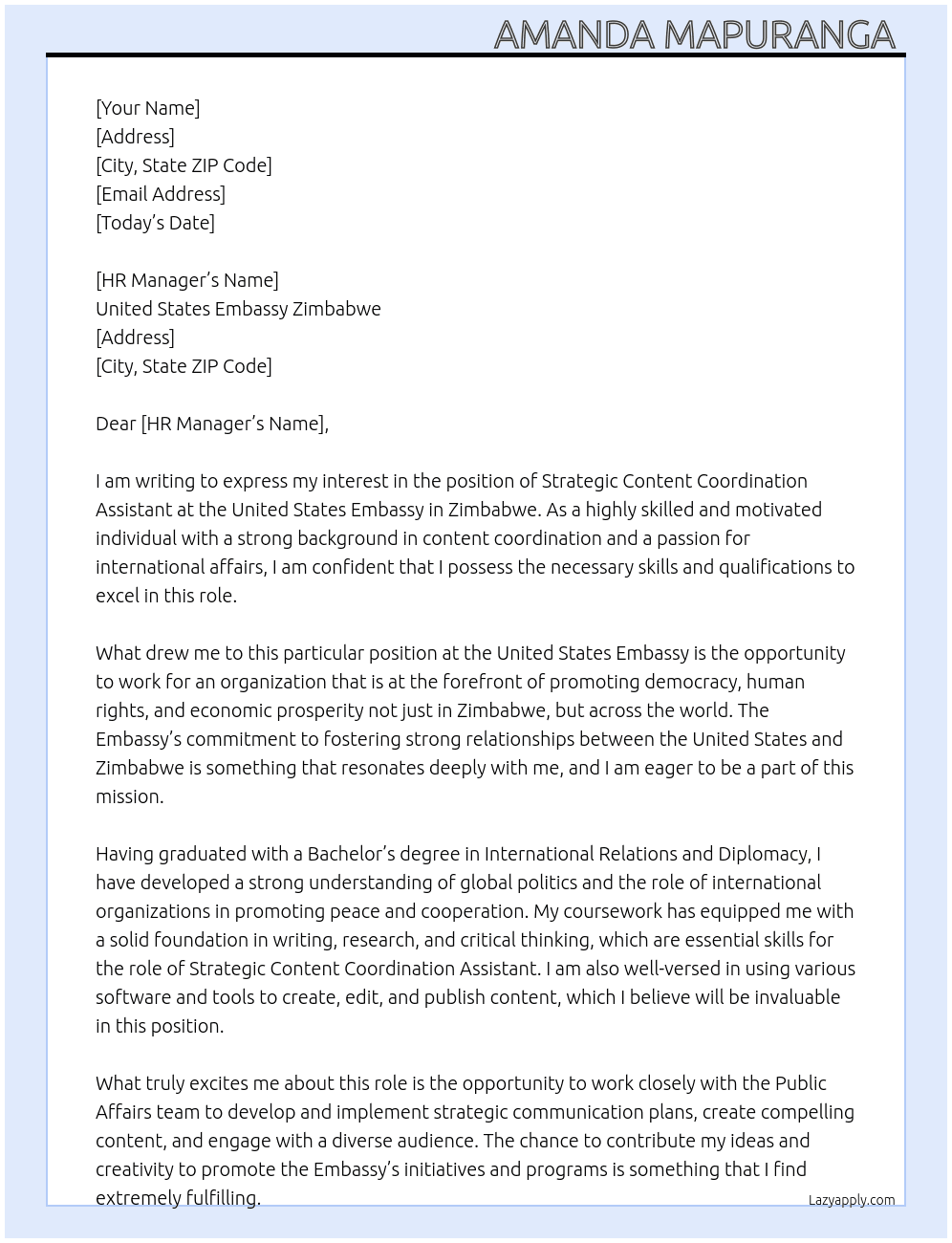 Strategic Content Coordination Assistant  At united states embassy zimbabwe  Cover Letter