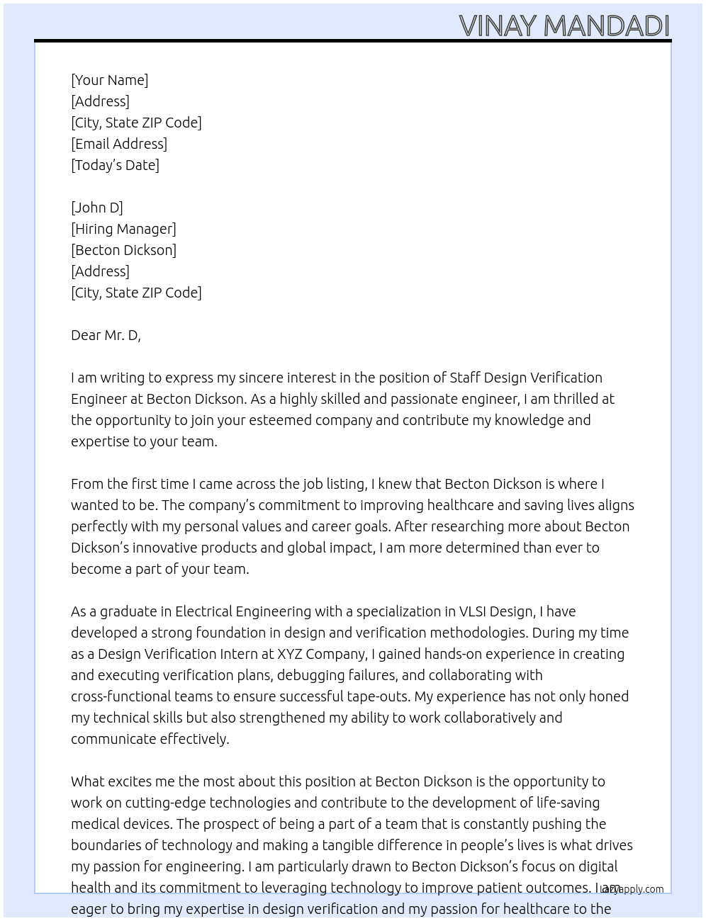 Staff Design Verification Engineer  At Becton Dickson Cover Letter