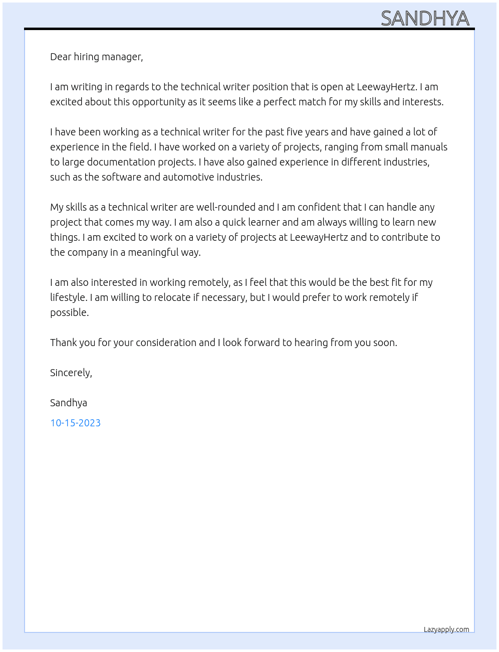 Technical writer At LeewayHertz Cover Letter