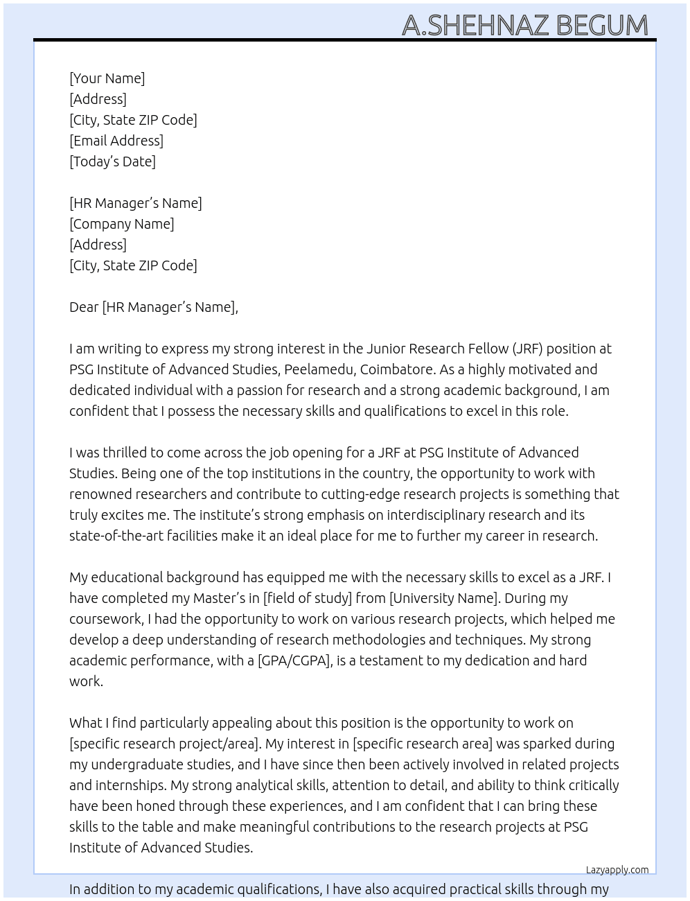 Junior Research fellow (JRF) At PSG institute of advanced studies peelamedu, coimbatore. Cover Letter
