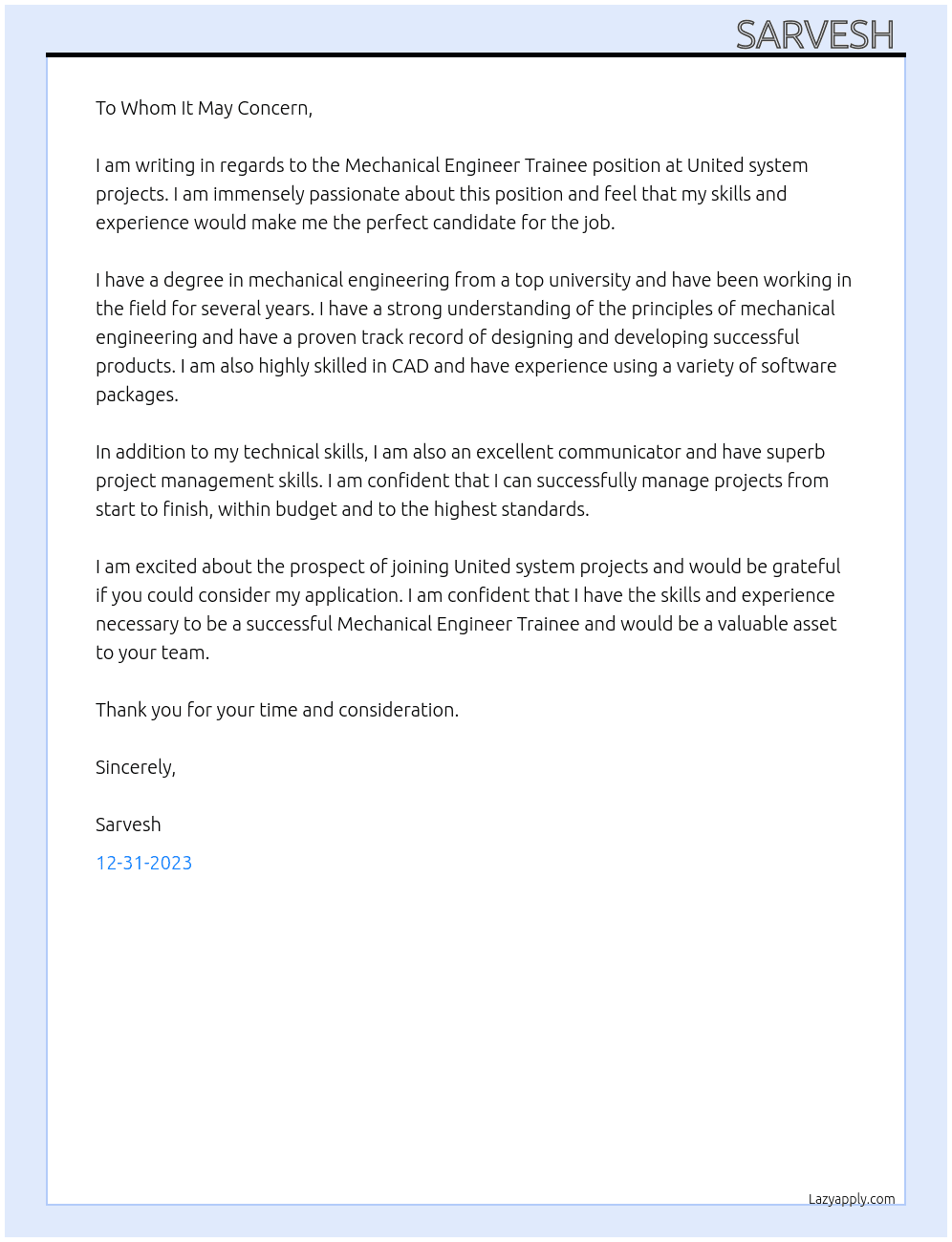 Mechanical Engineer Trainee  At United system projects Cover Letter