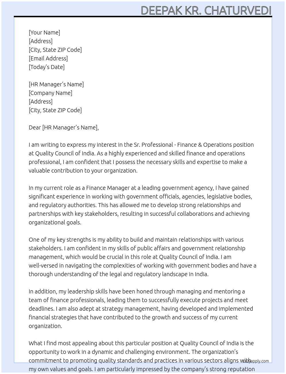 Sr. Professional - Finance & Operations At Quality Council of India Cover Letter