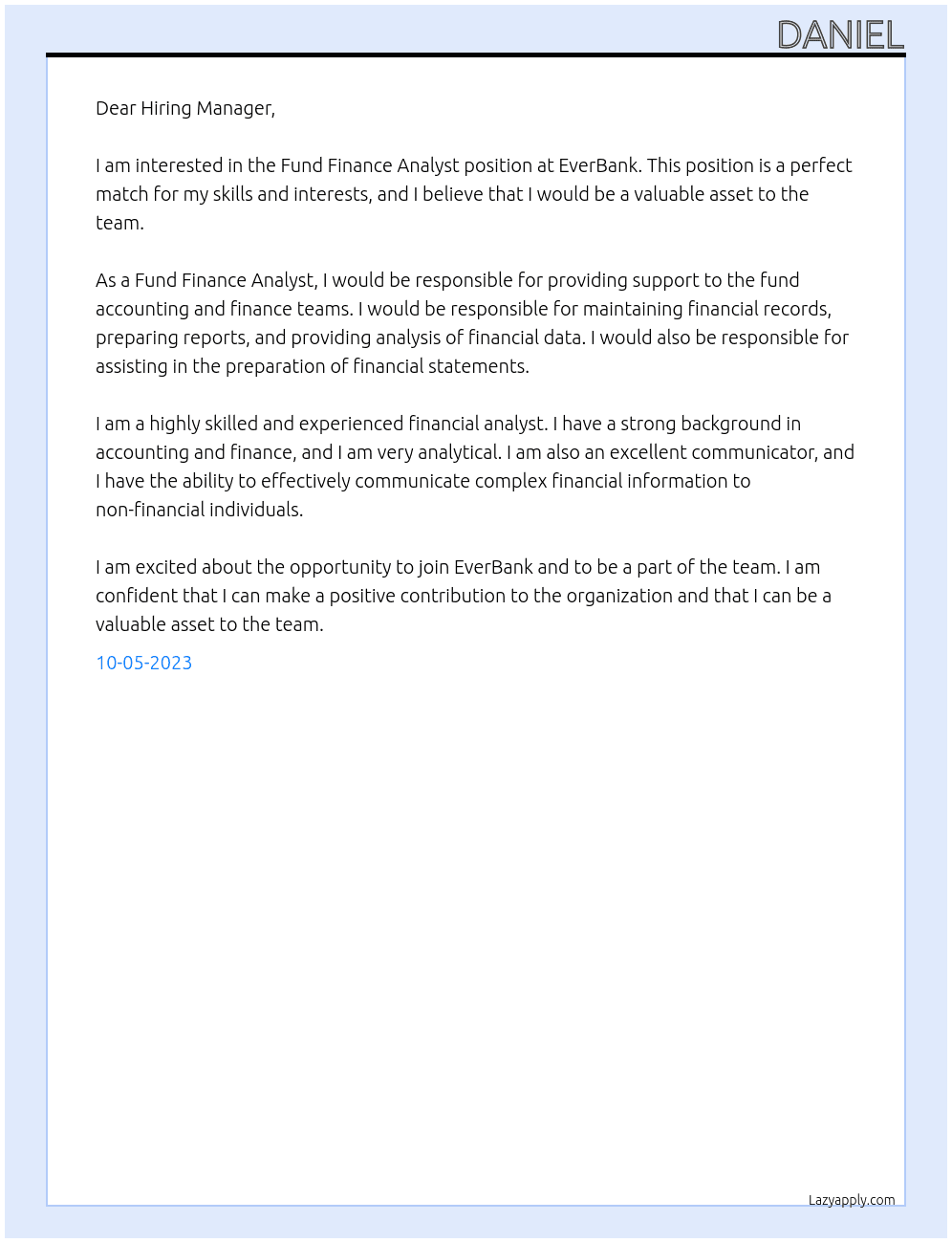 Fund Finance Analyst At EverBank Cover Letter