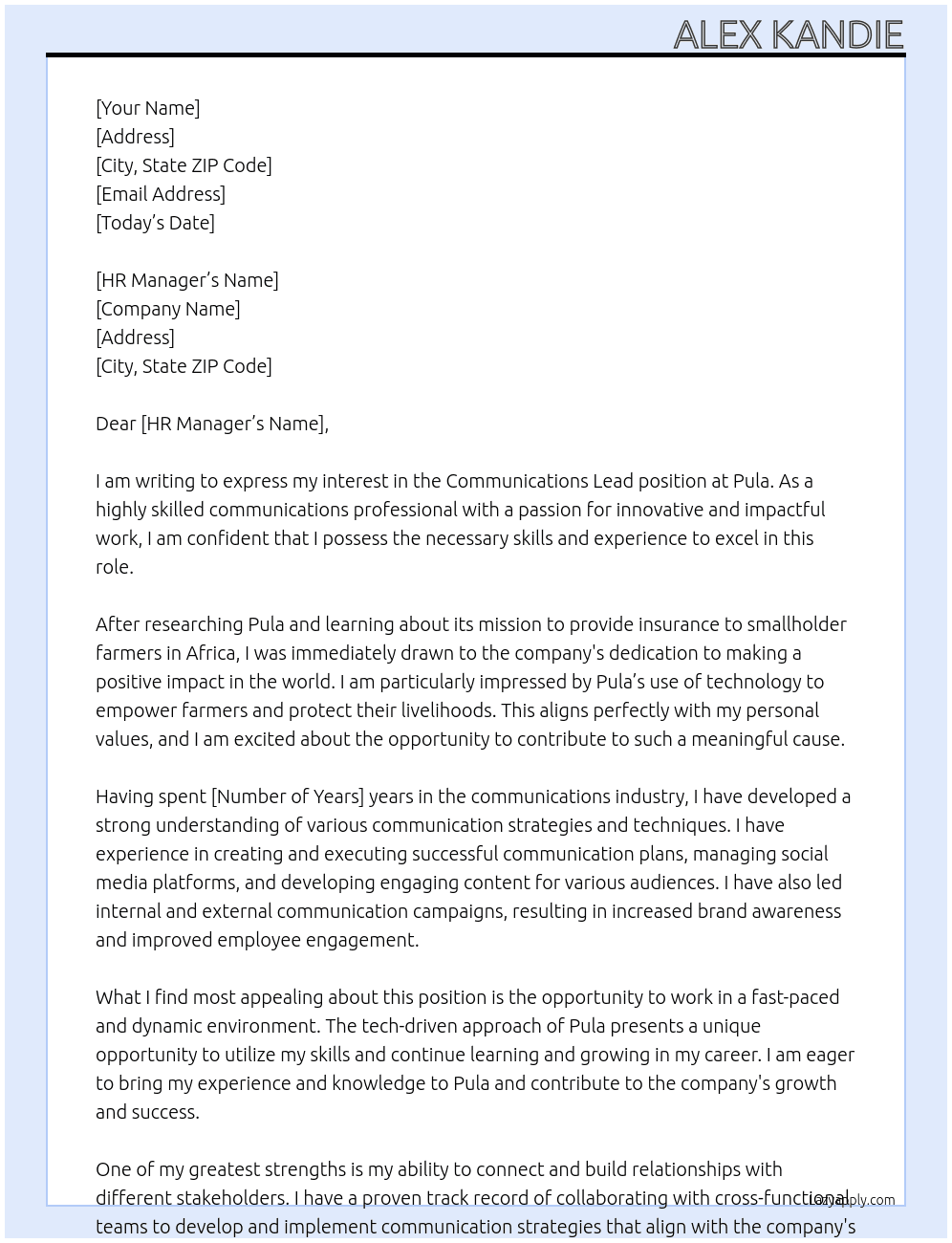 Communications Lead At Pula Cover Letter
