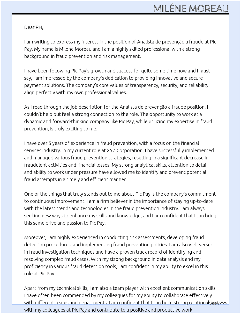 Cover letter for analista de prevenção a fraude - LazyApply