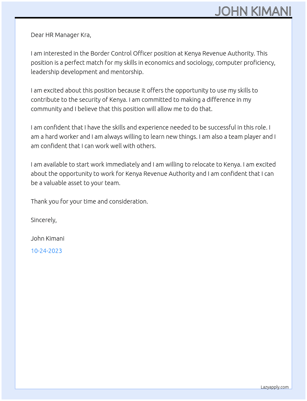 border control officer At kenya revenue authority Cover Letter
