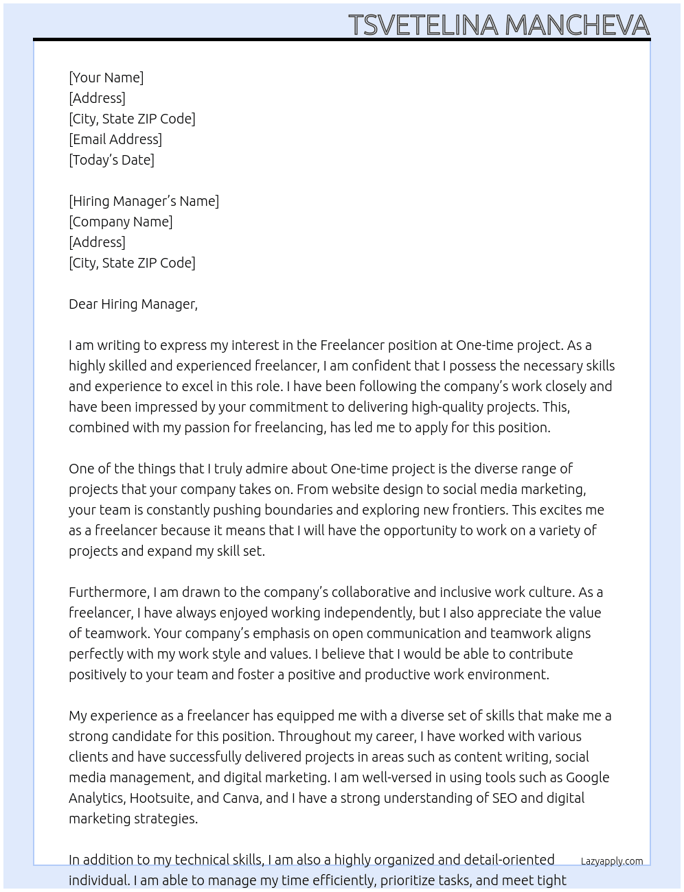 Freelancer  At One-time project  Cover Letter