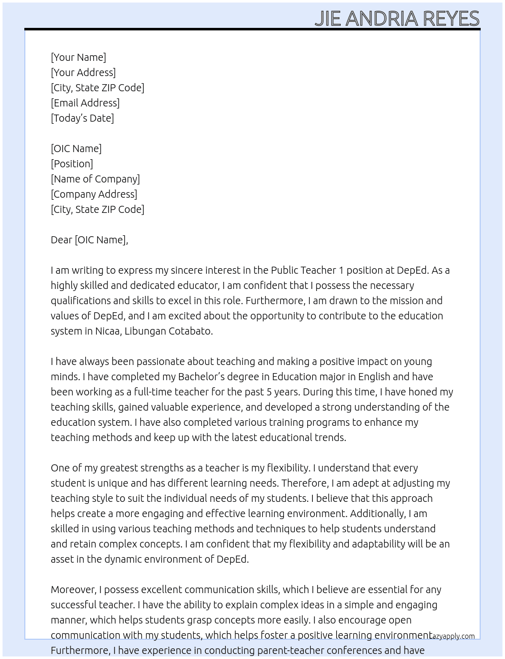 public teacher 1 At DepEd Cover Letter