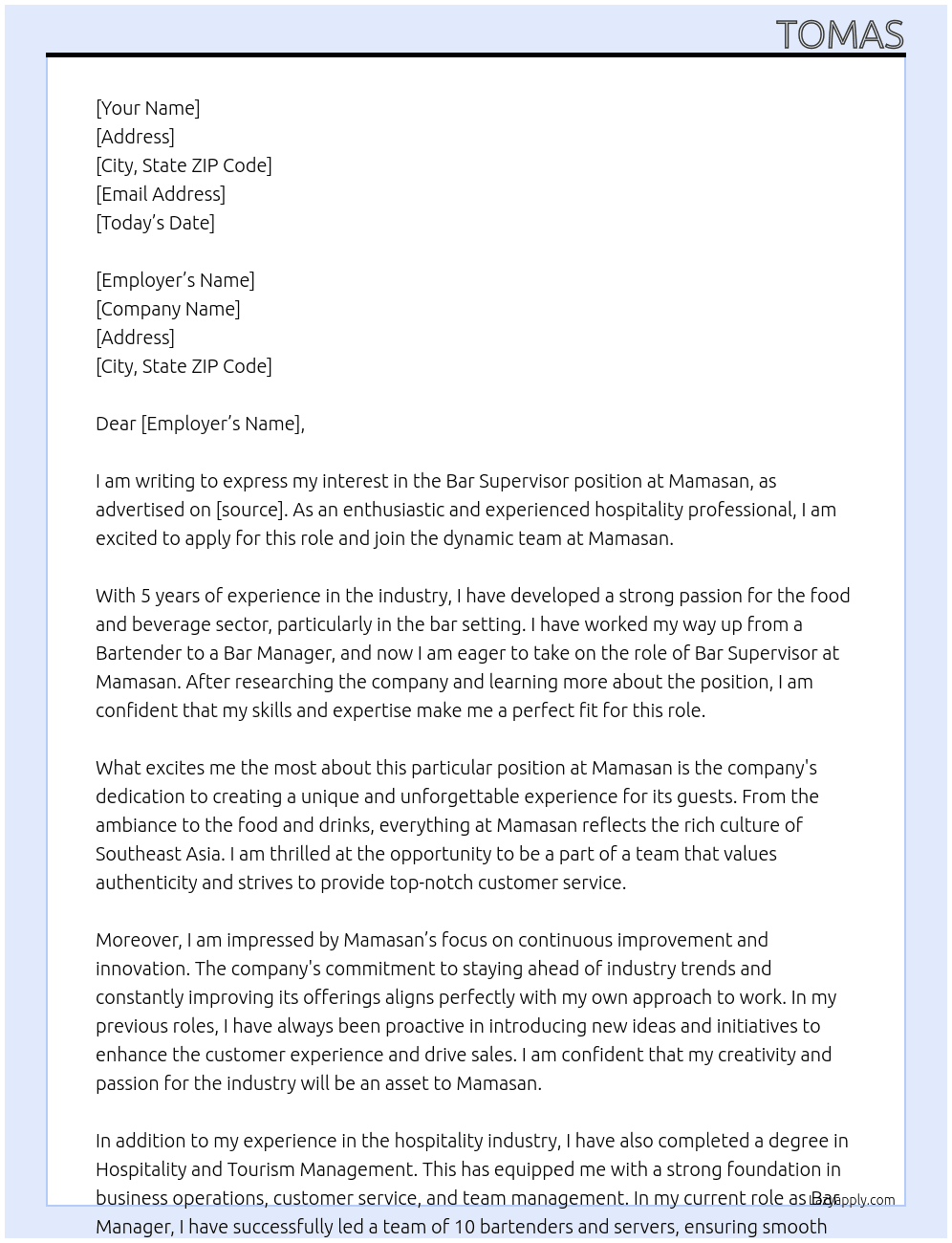 Bar Supervisor At Mamasan Cover Letter