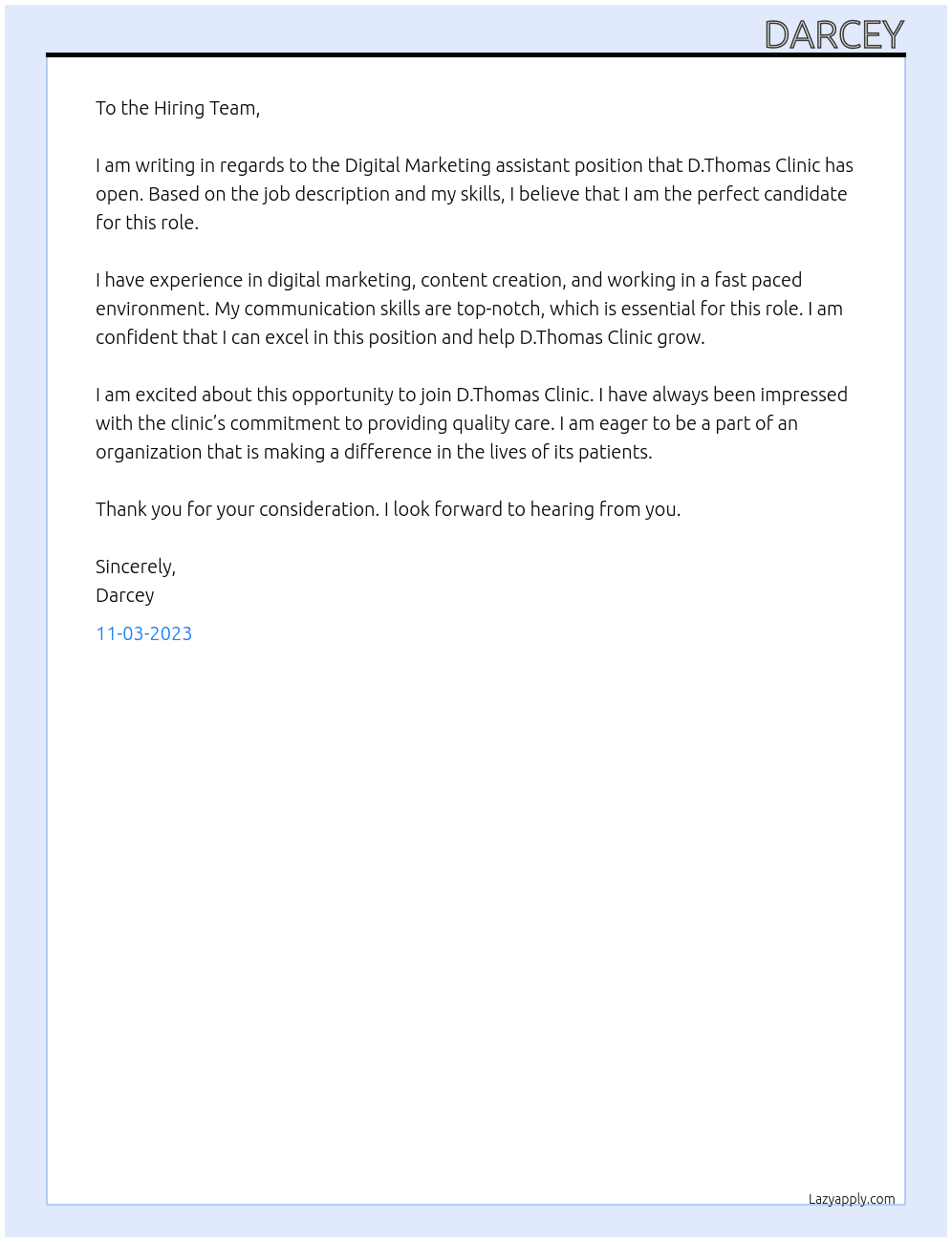 Digital Marketing assistant At D.Thomas Clinic Cover Letter