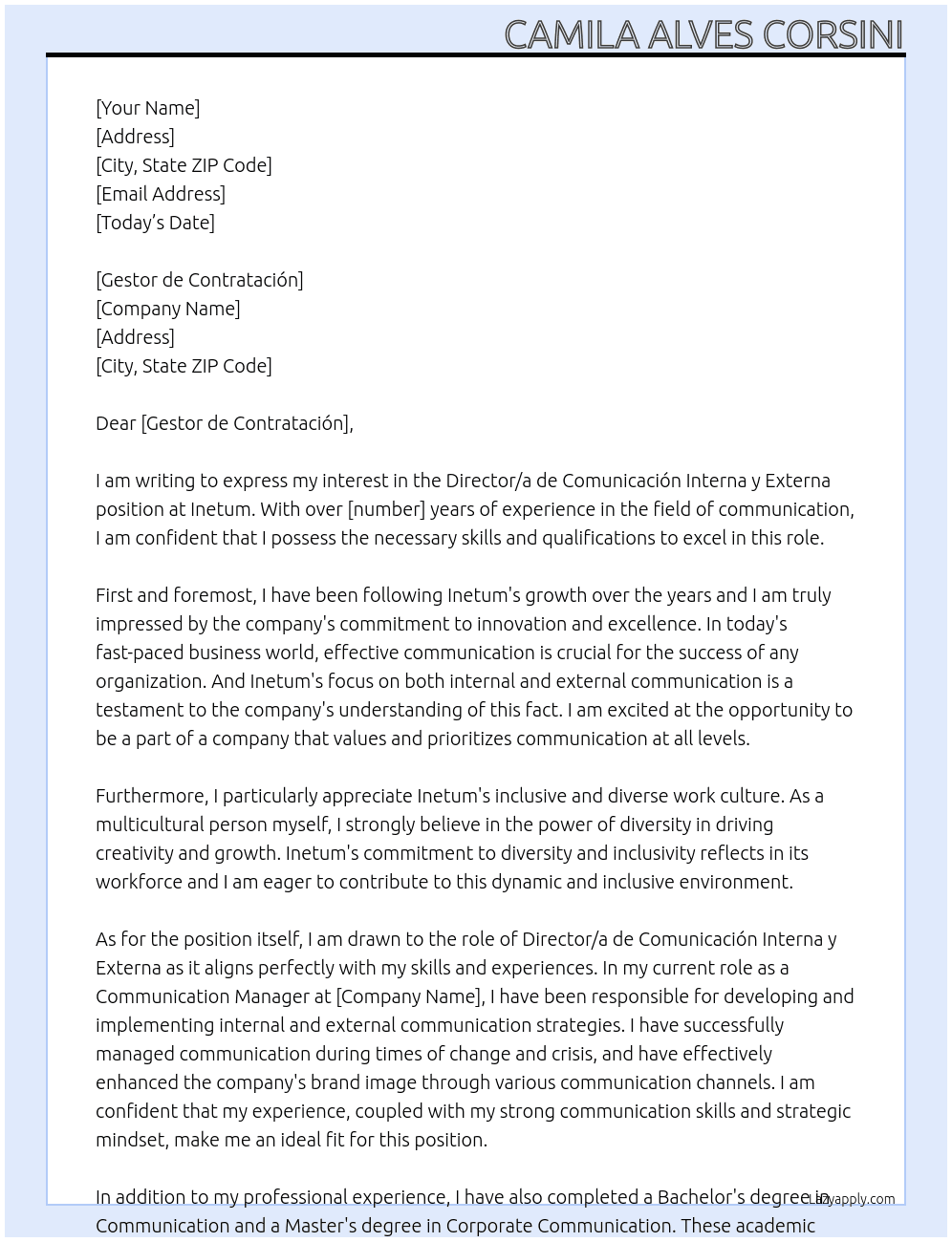 Director/a de Comunicación Interna y Externa At Inetum Cover Letter