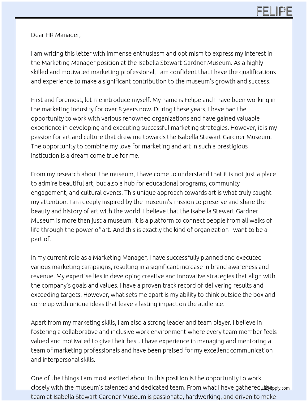 Marketing Manager At Isabella Stewart Gardner museum Cover Letter