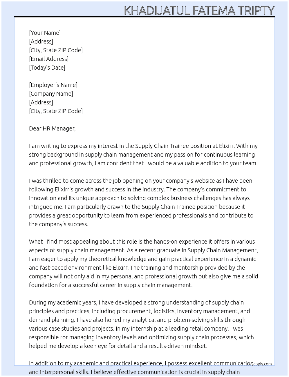 Supply chain trainee At Elixirr Cover Letter
