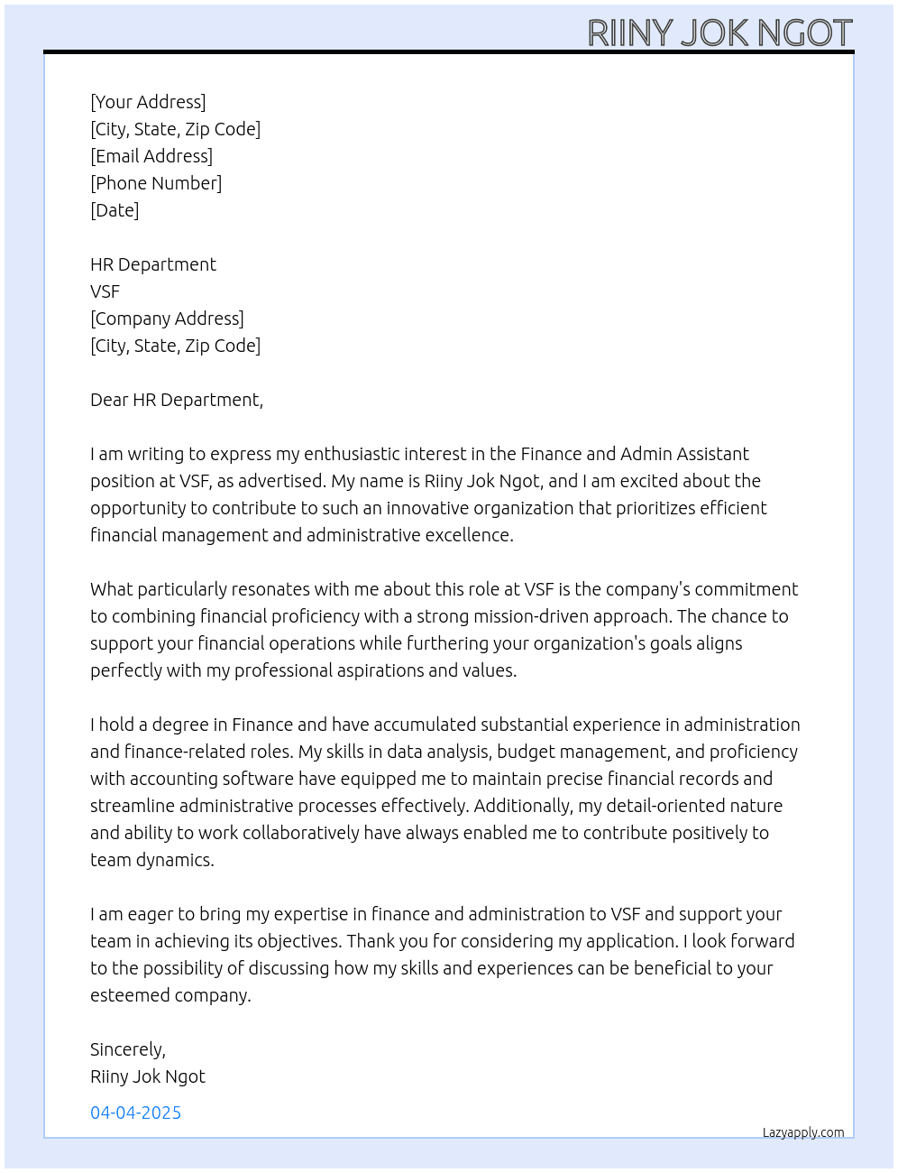 Finance and admin Assistant At VSF Cover Letter
