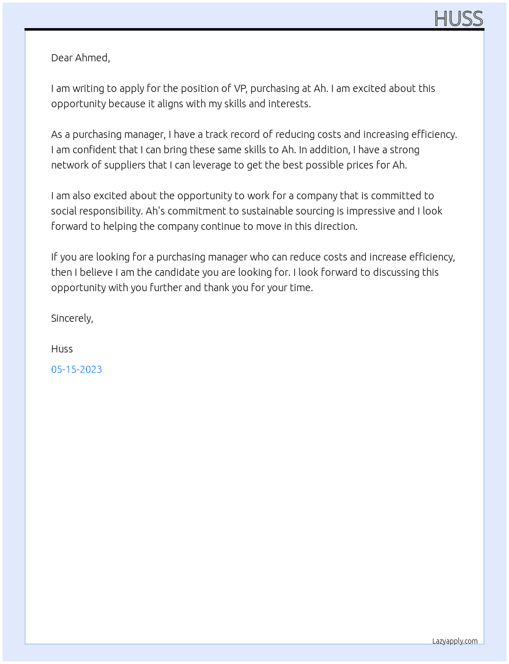 VP, purchasing  At Ah  Cover Letter