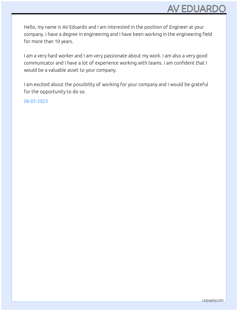 Engineer At AV Eduardo Cover Letter