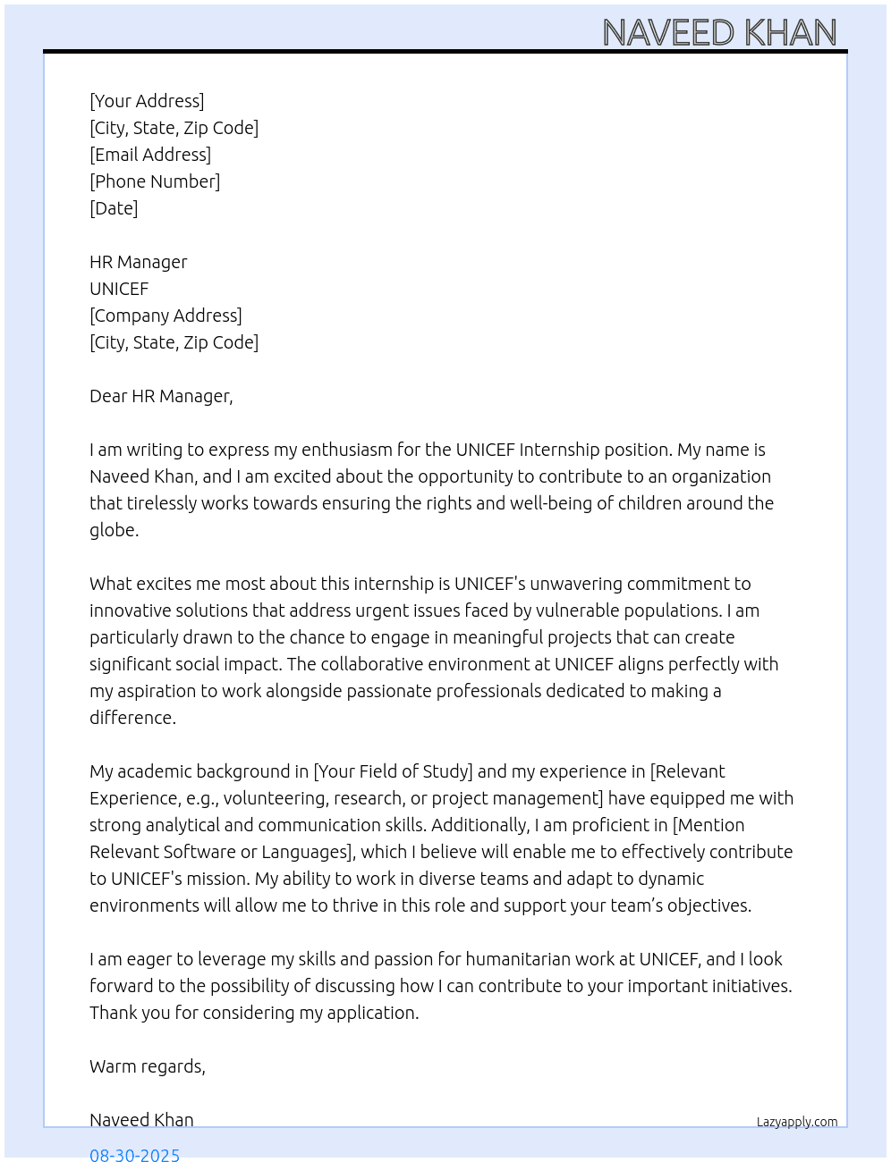 UNICEF Internship  At UNICEF  Cover Letter