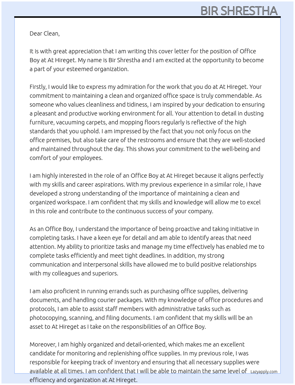 Office Boy At At Hireget Cover Letter