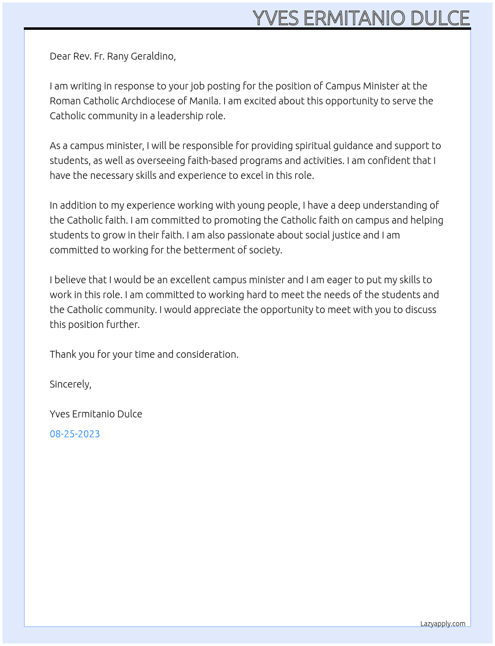 campus minister At Roman Catholic Archdiocese of Manila Cover Letter