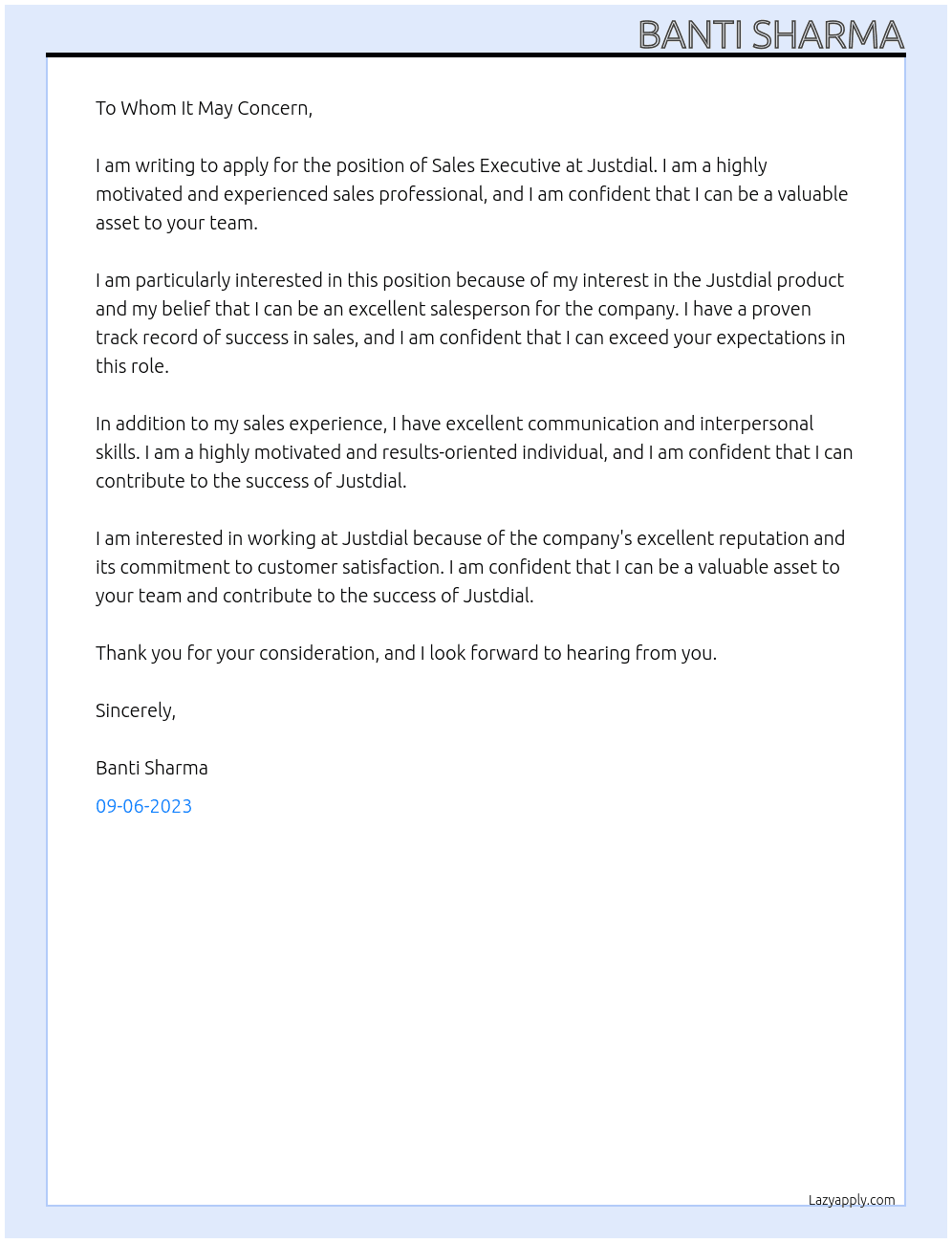 Sales executive  At Justdial  Cover Letter