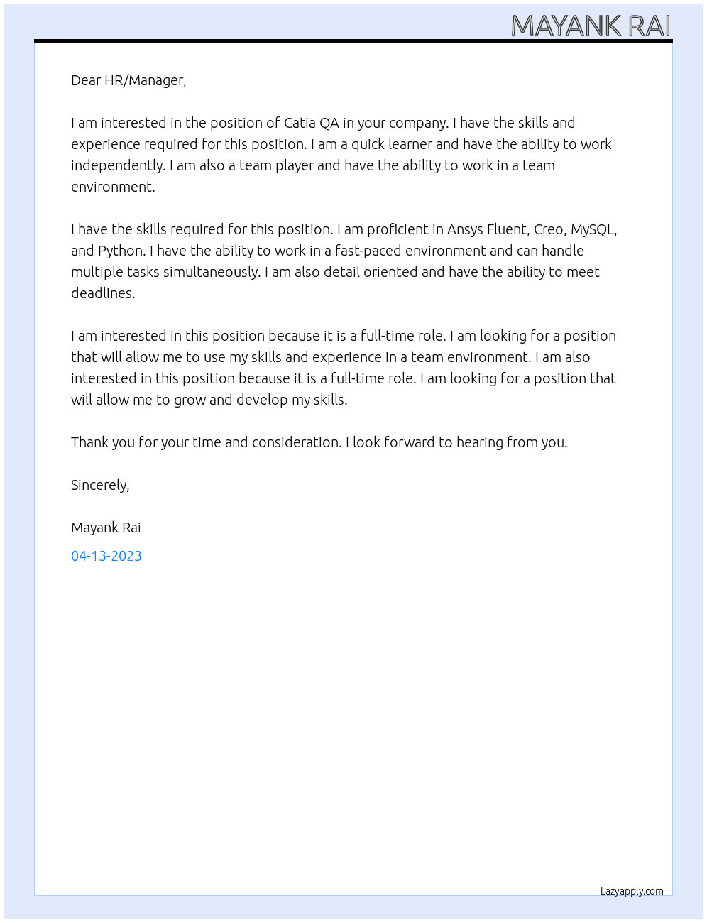 Catia QA At Dassault Systemes Solutions Lab Cover Letter