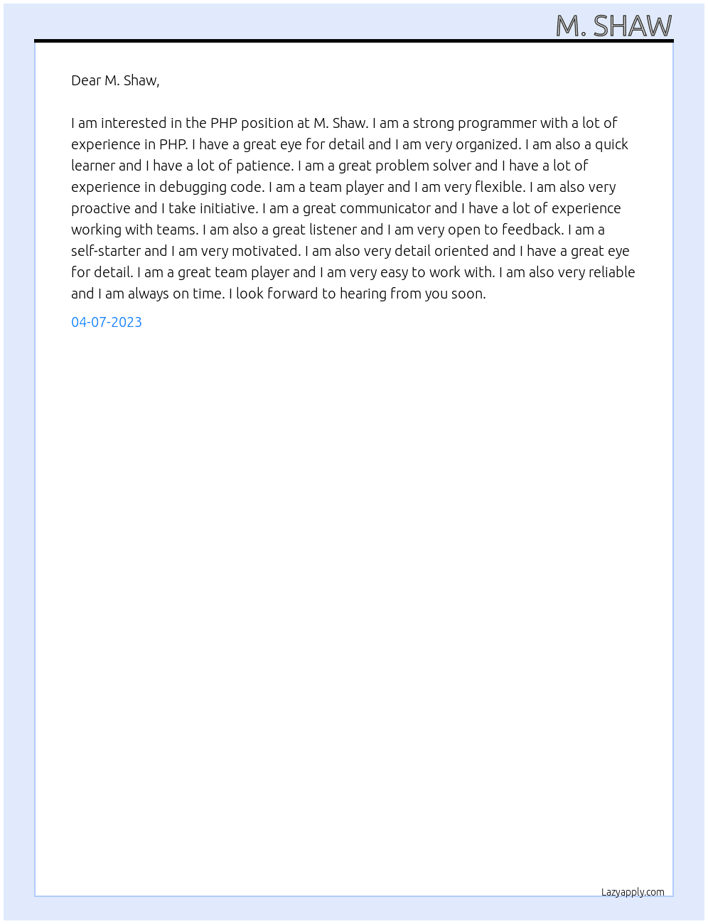php At M. Shaw Cover Letter