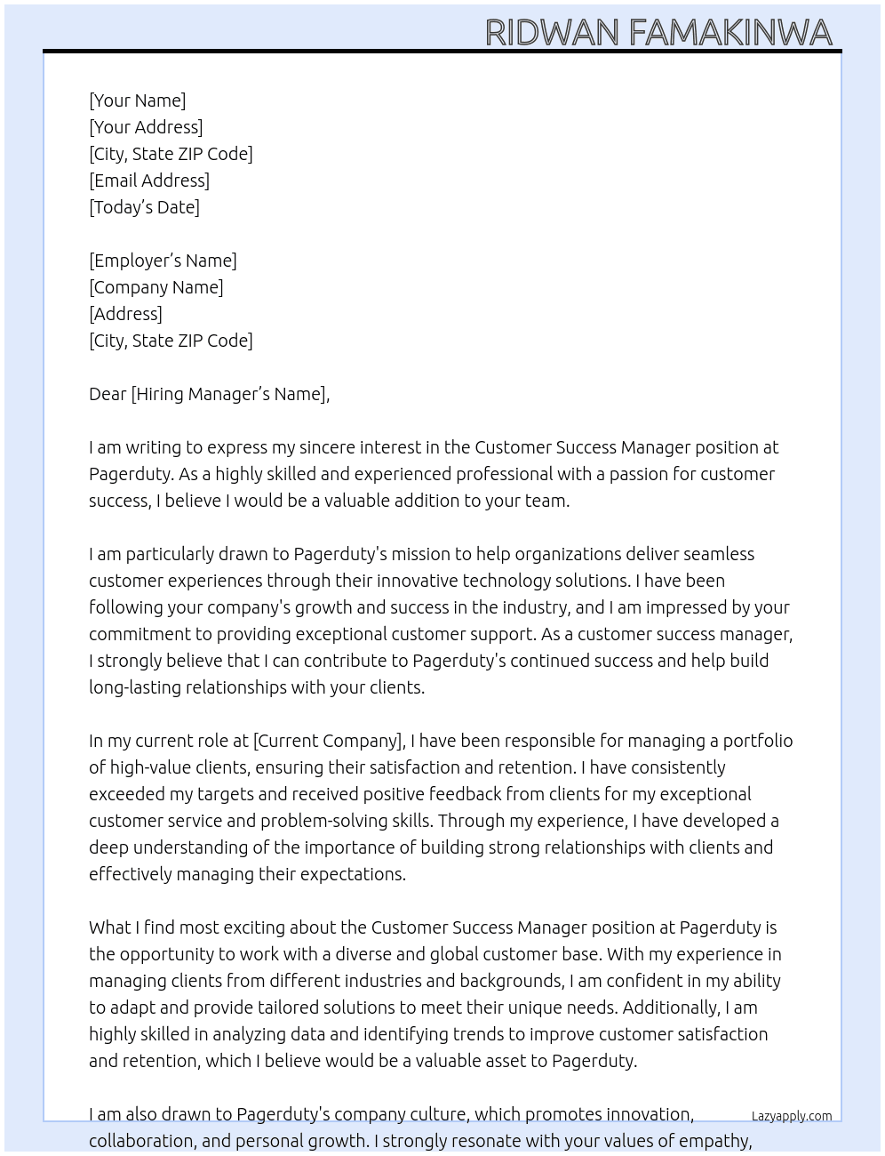 Customer Success Manager At Pagerduty Cover Letter