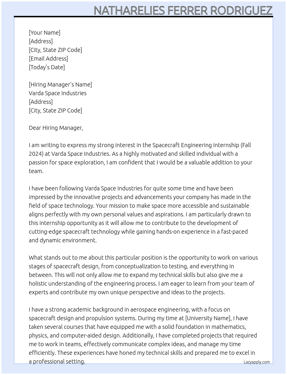 Spacecraft Engineering Internship (Fall 2024) At  Varda Space Industries  Cover Letter