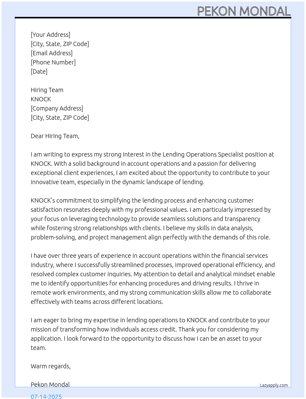 Lending Operations Specialist At KNOCK Cover Letter