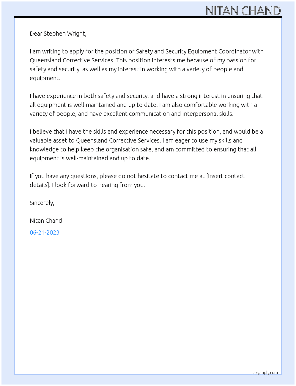 Safety and Security Equipment con-ordinator At Queensland Corrective Services Cover Letter