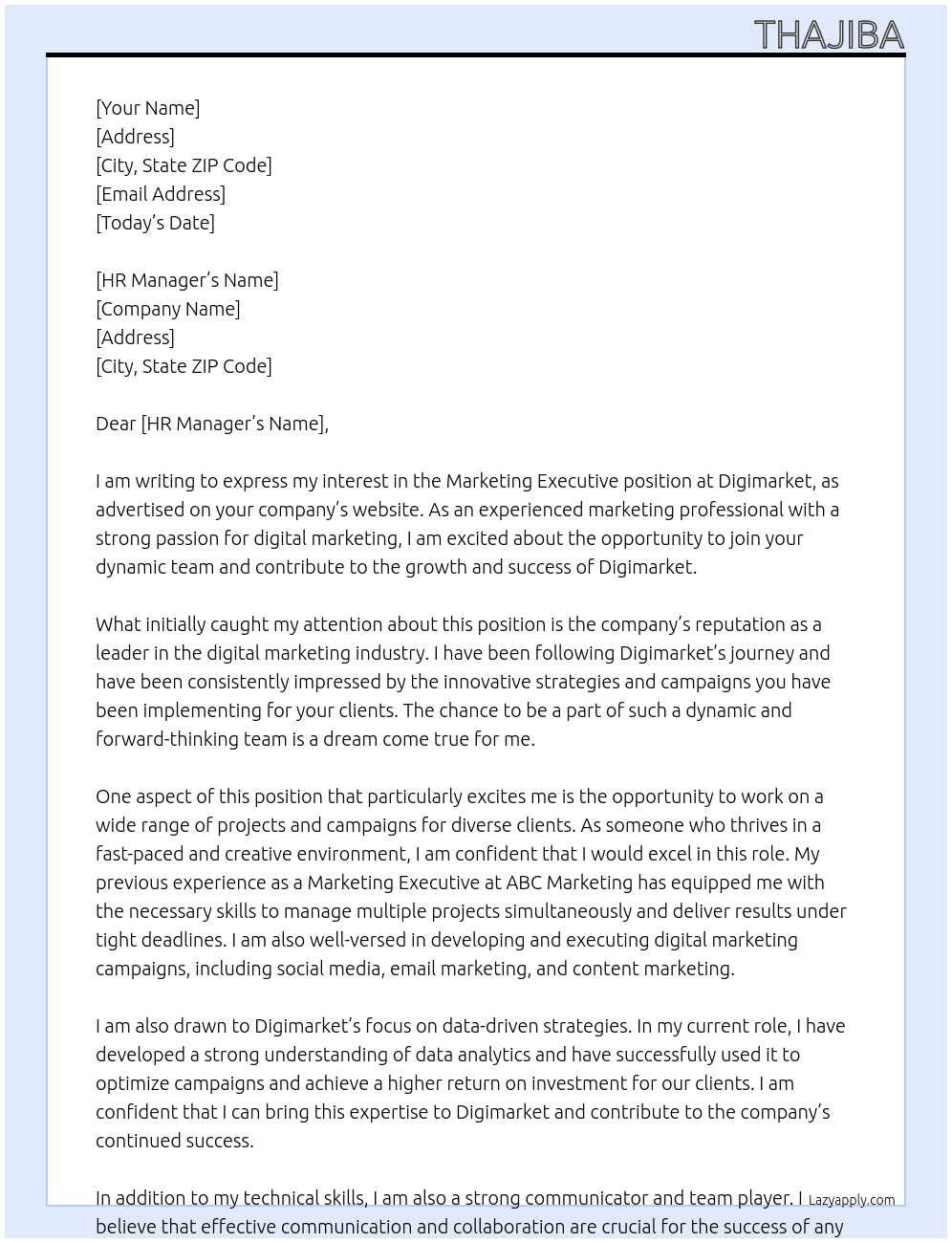Marketing executive At Digimarket Cover Letter