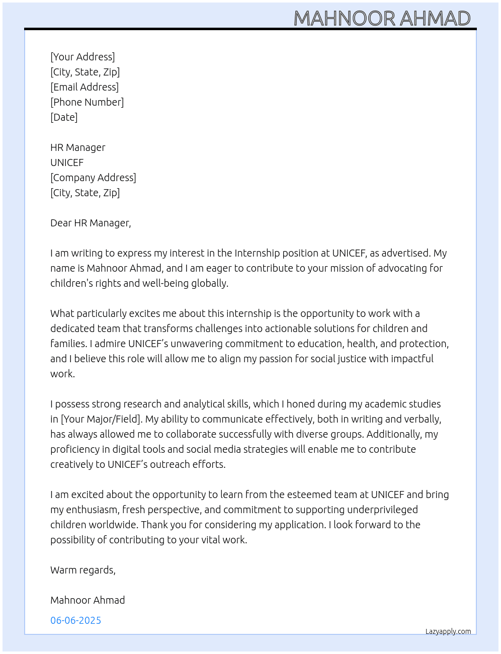 Cover letter for internie - LazyApply