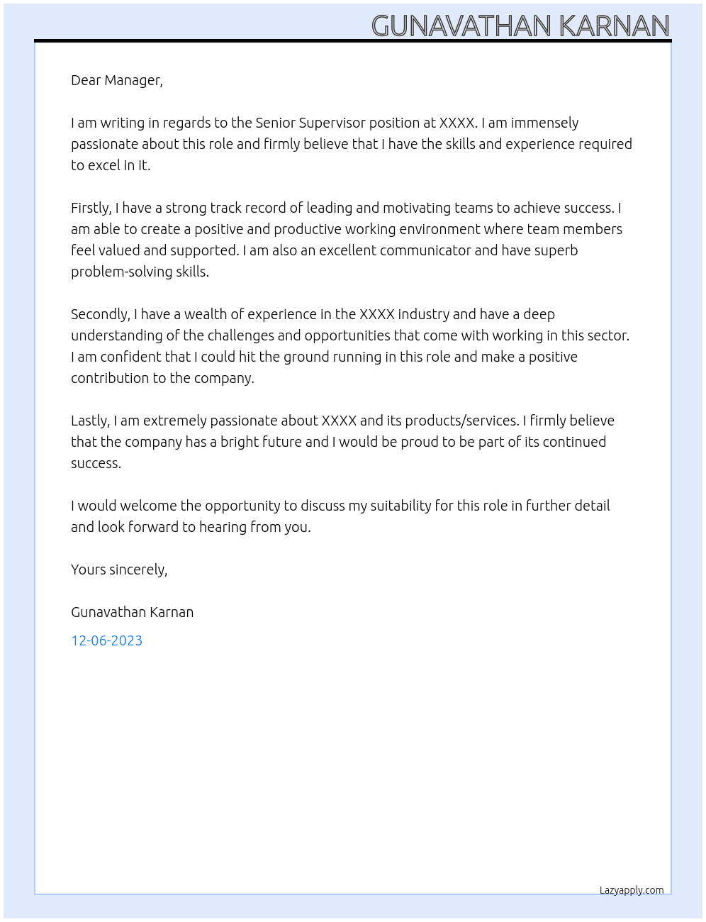 Senior Supervisor At XXXXX Cover Letter