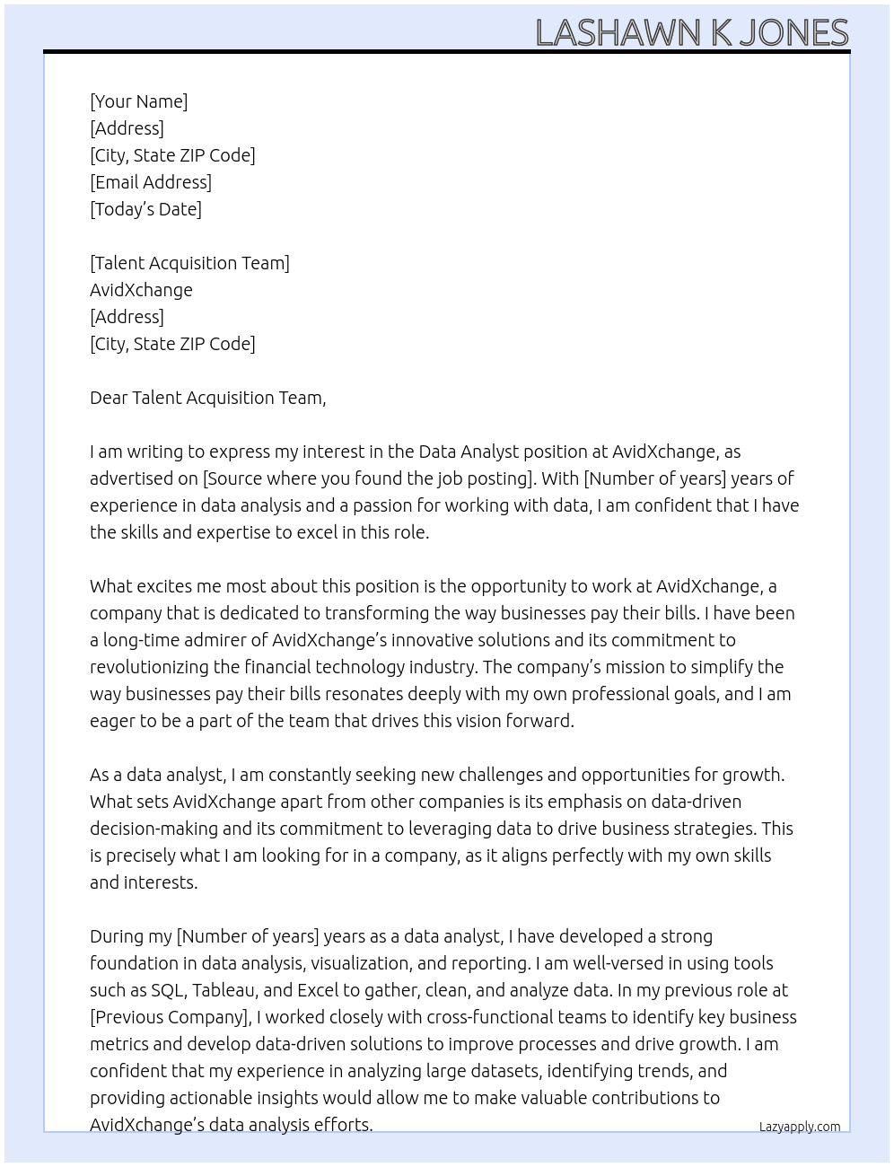 data analyst At AvidXchange Cover Letter