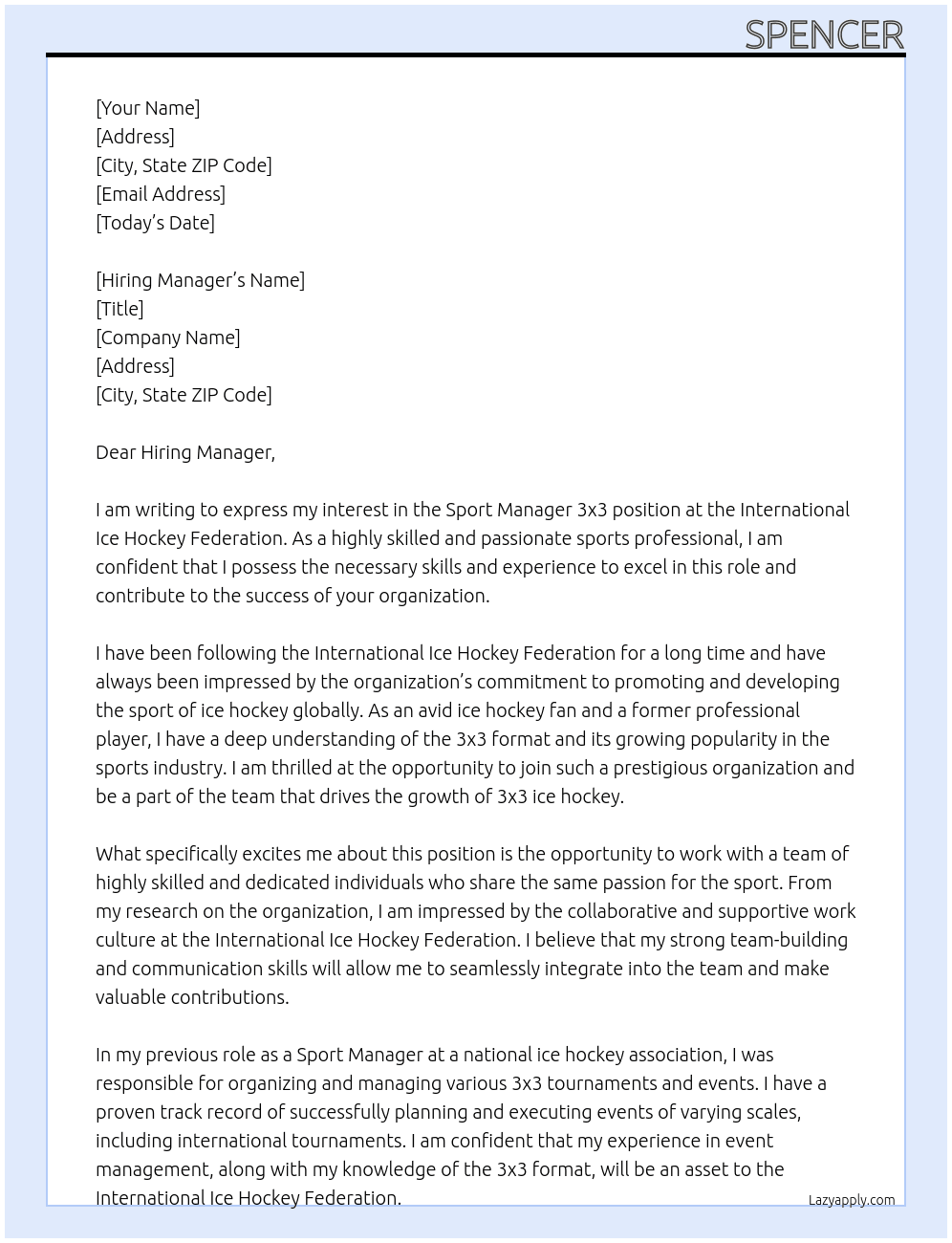 Sport Manager 3x3 At International Ice Hockey Federation Cover Letter