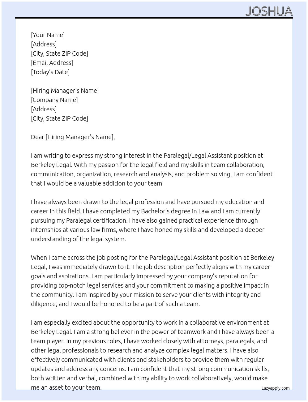 paralegal/legal assistant  At berkeley legal  Cover Letter