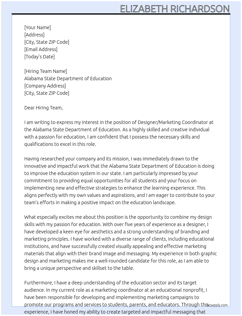 Designer/ Marketing Coordinator At Alabama State Department of Education Cover Letter