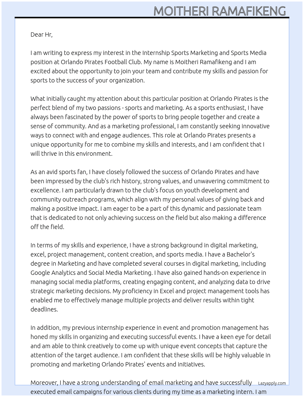 Internship Sports marketing and Sports media  At Orlando pirates football club  Cover Letter