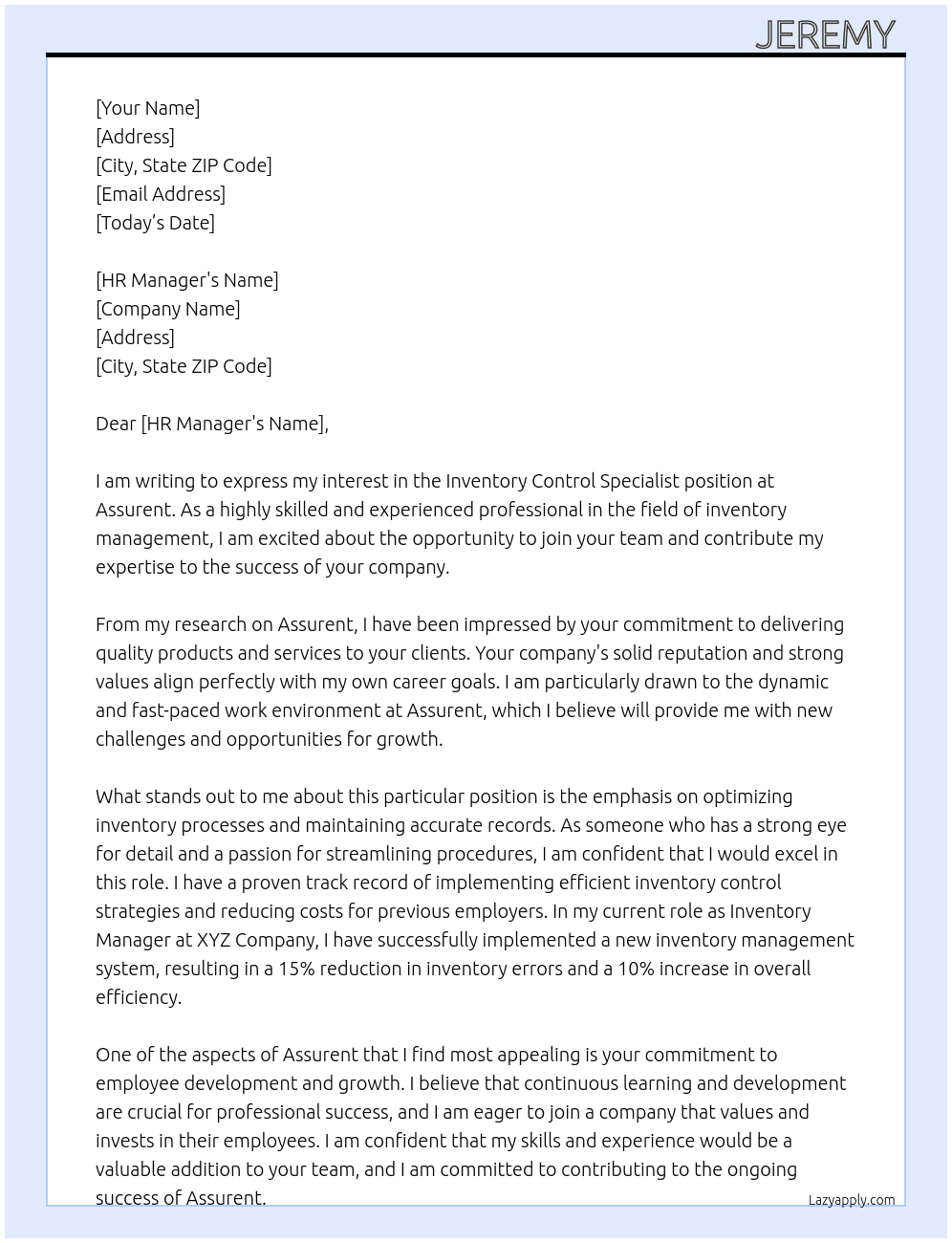 Inventory Control Specialist At Assurent Cover Letter