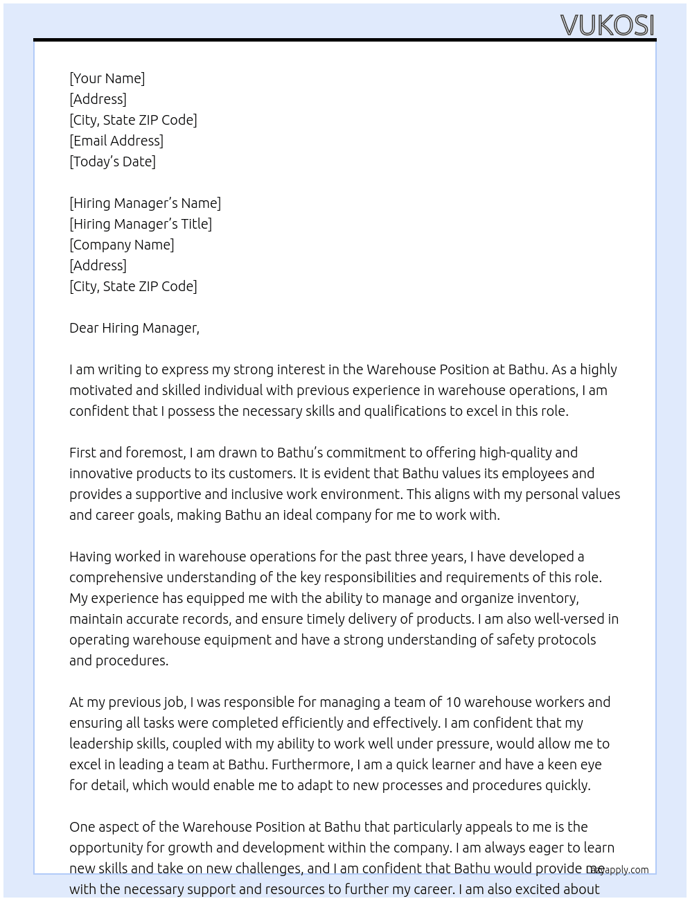Werehouse position  At Bathu Cover Letter