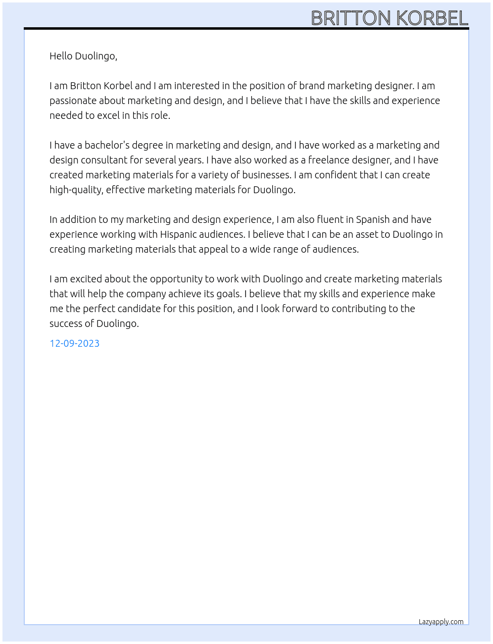 Brand marketing designer At Duolingo Cover Letter