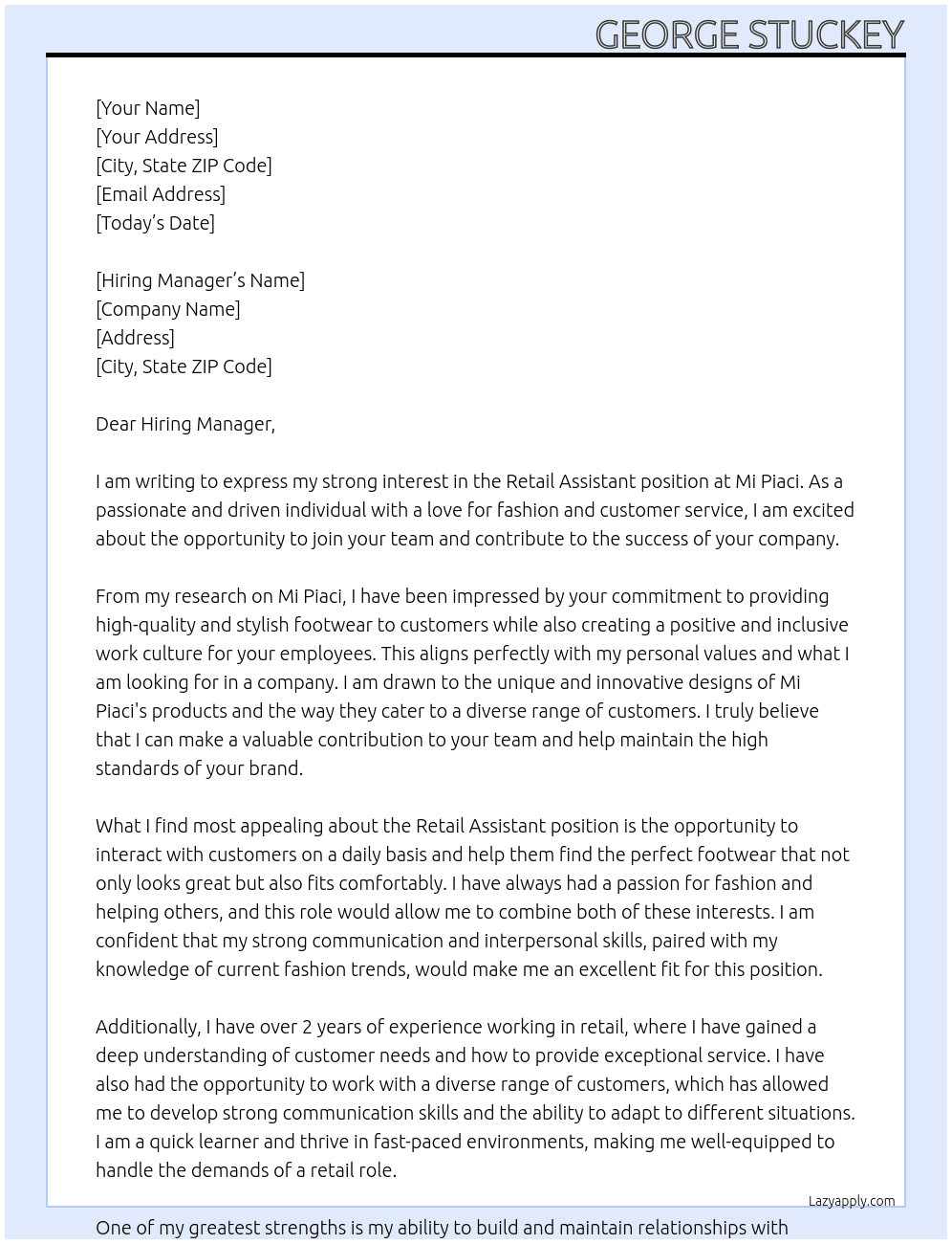 Retail Assistant At Mi Piaci Cover Letter