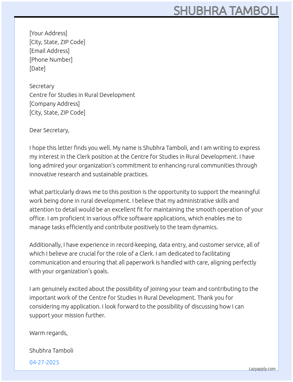 Clerk At Centre for Studies in Rural Development Cover Letter