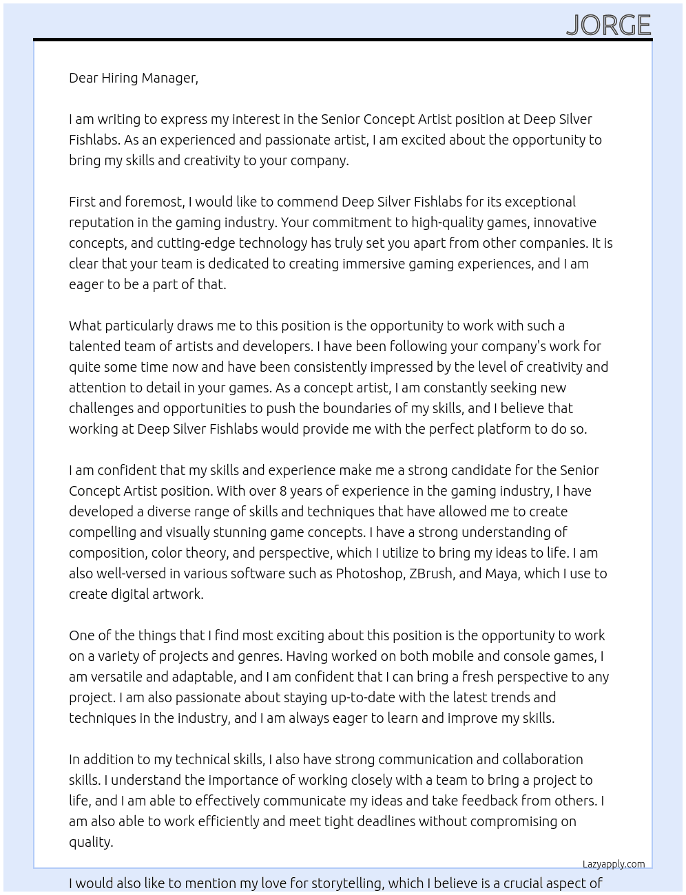 Senior concept artist At deep silver fishlabs Cover Letter