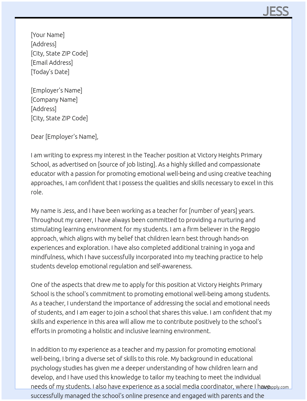 Teacher  At Victory Heights Primary School  Cover Letter