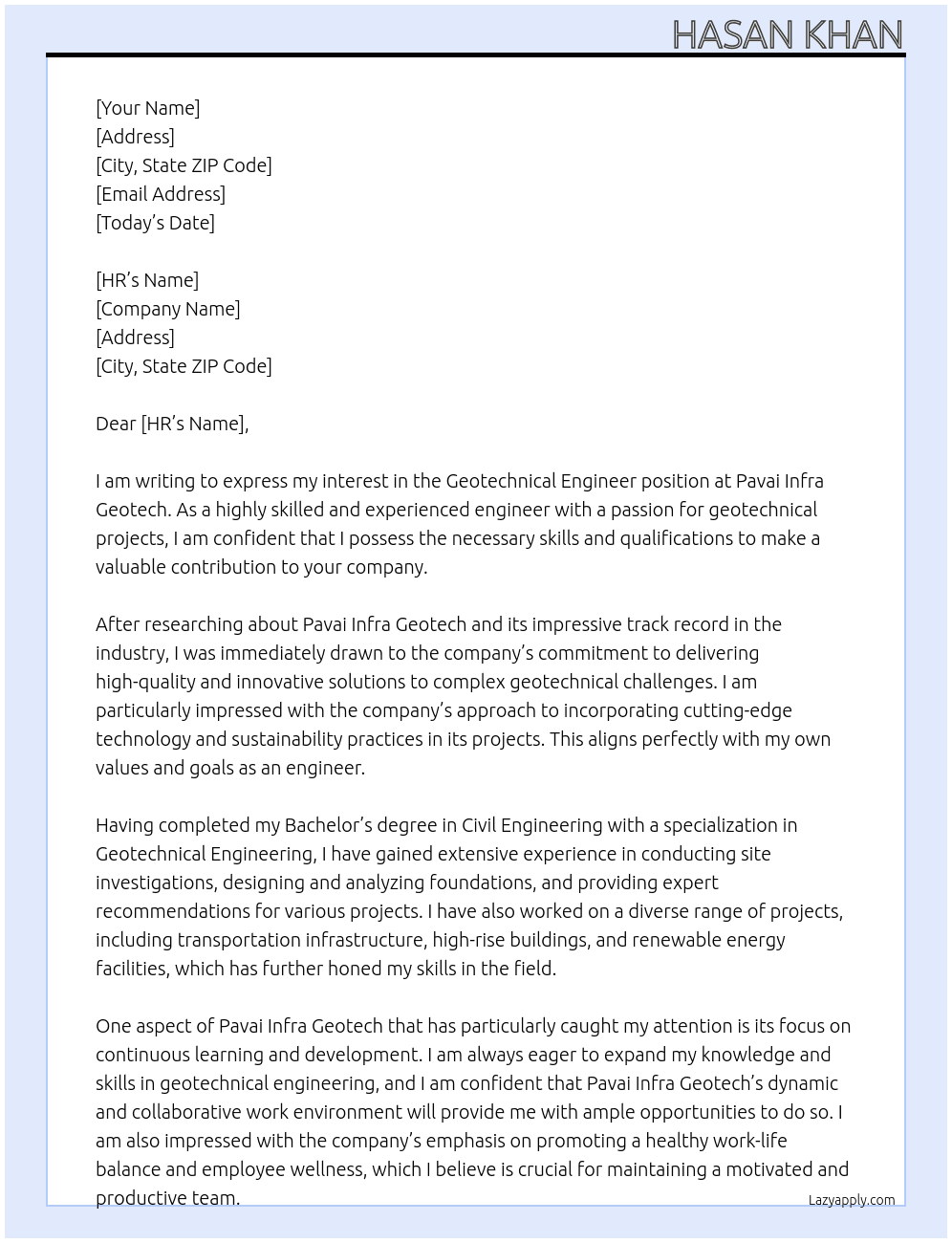 Geotechnical engineer At PAVAI INFRA GEOTECH Cover Letter