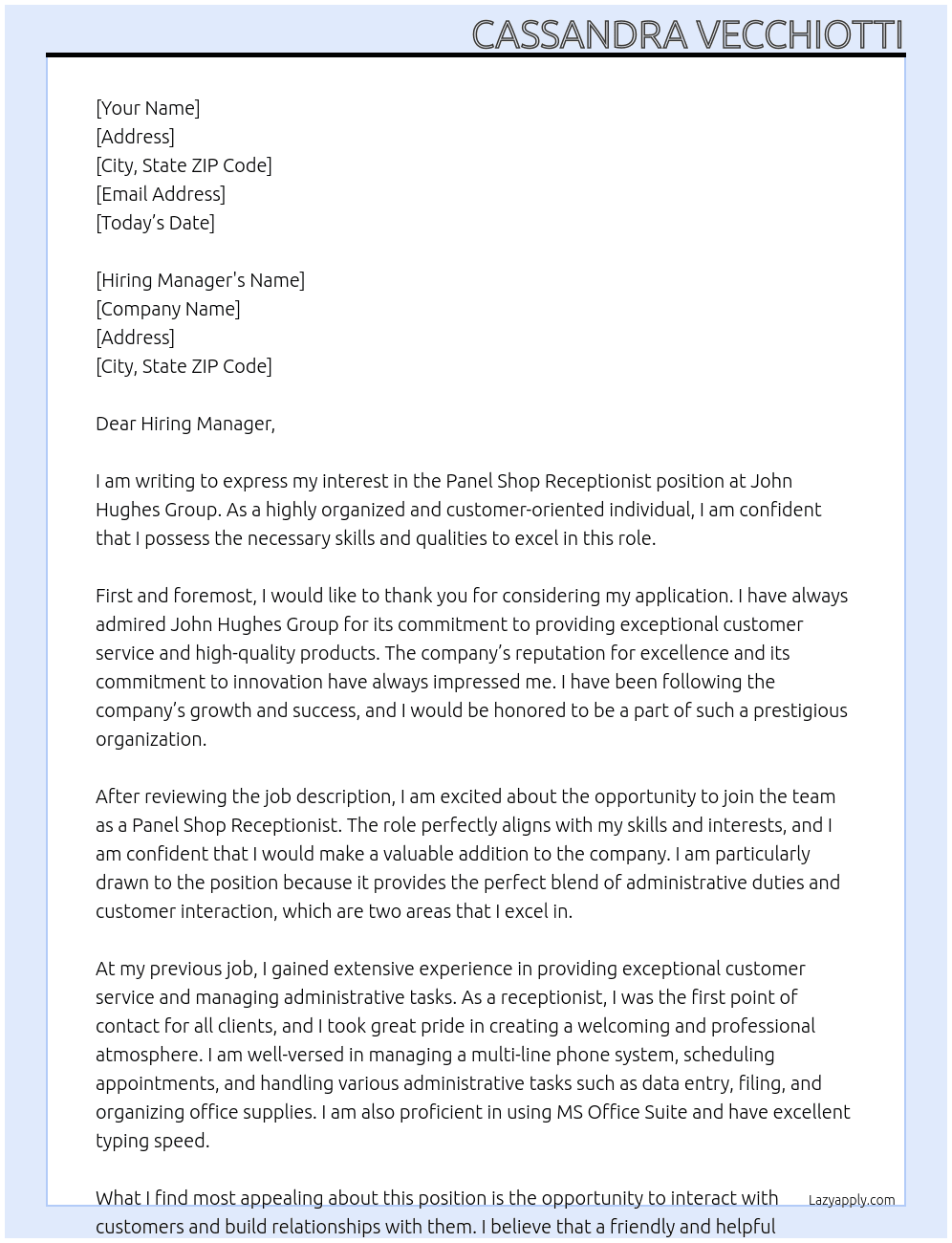 Panel Shop Receptionist At John Hughes Group Cover Letter